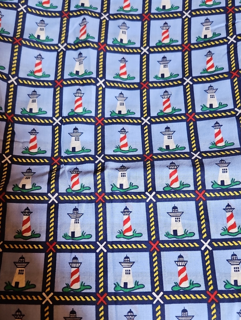 Vintage Nautical Lighthouse Pattern Fabric - Blue, Red, White, Green - 1 Yard